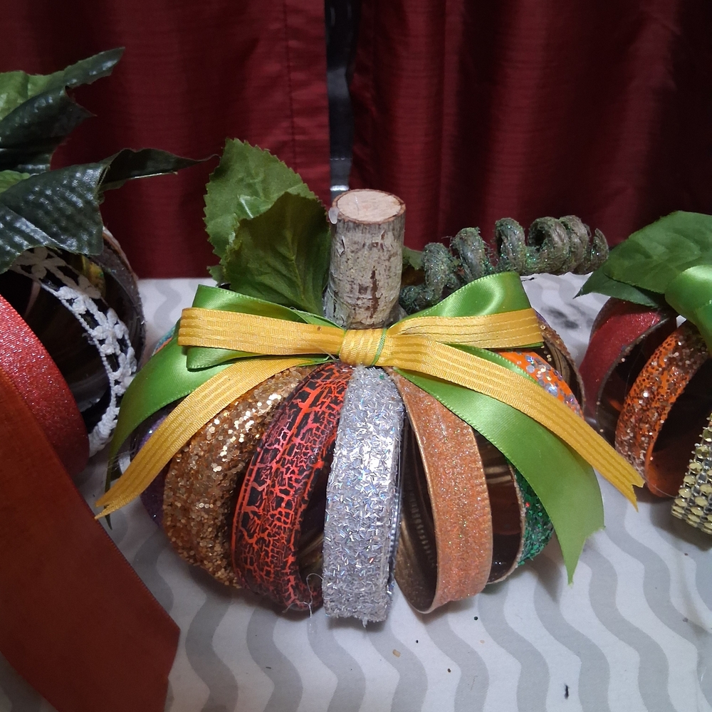 Festive Ribbon Pumpkin Decor with Green Bow